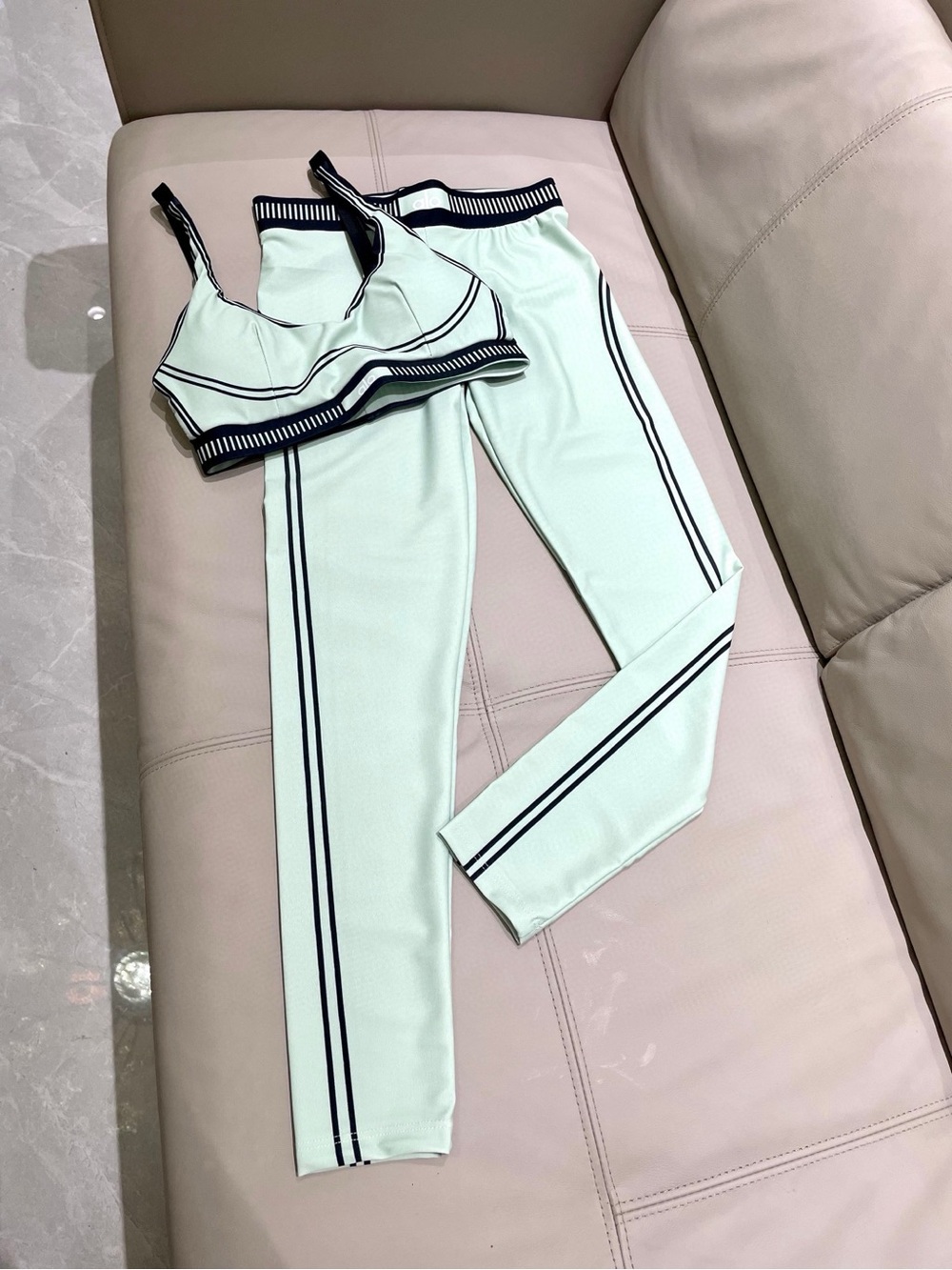 ALO Yoga Mint Green Two-Piece Jumpsuit-Style Romper Set with Black Trim